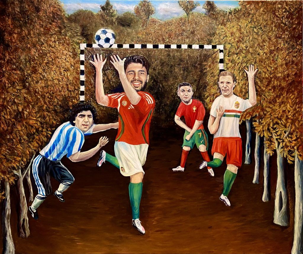 Szoboszlai és Puskás dadaista balettfocit játszik Maradona és Ronaldo ellen Rousseau műtermében 2026., 100 x 120 cm, olaj vásznon, drMáriás