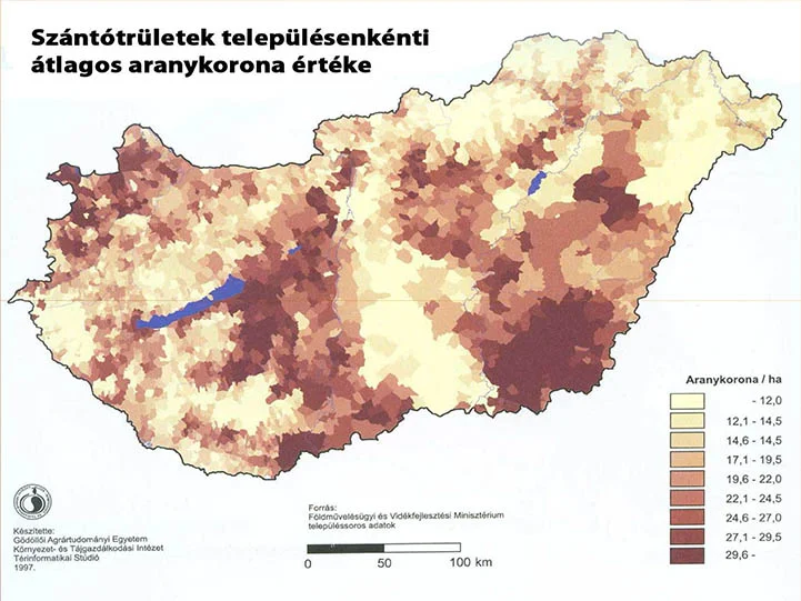 Szántótrületek településenkénti átlagos aranykorona értéke